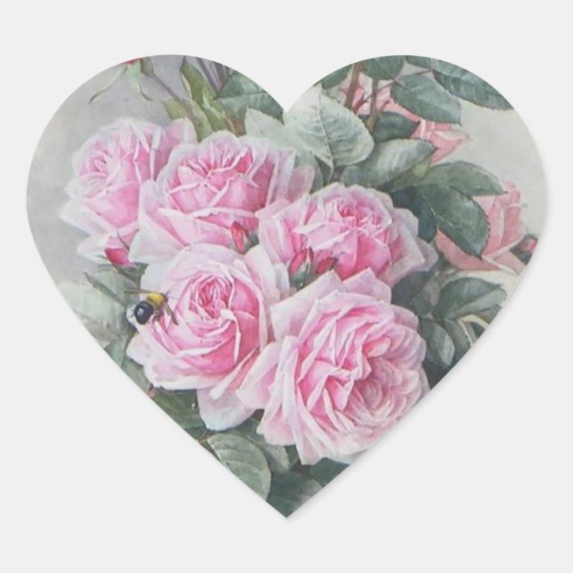 Vintage Victorian pink roses Heart Sticker (Front)