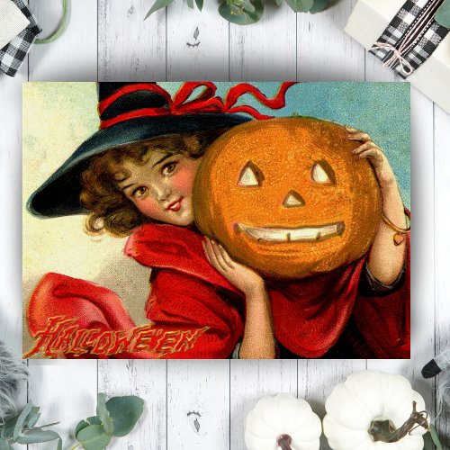 Vintage Victorian Pretty Girl with Pumpkin Custom Holiday Card
