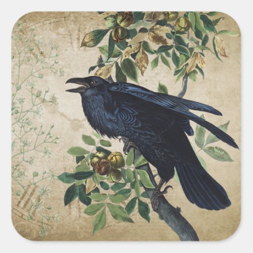 Vintage Victorian Raven Decoupage _ Gothic Realm Square Sticker