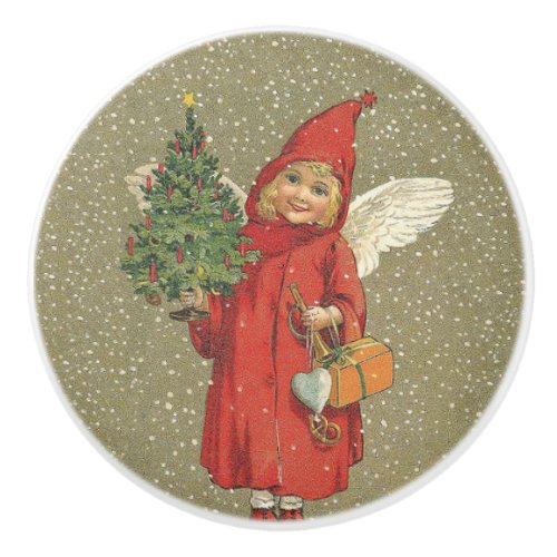 Vintage Victorian Red Christmas Child Angel Tree Ceramic Knob