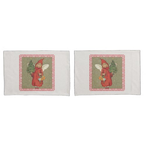 Vintage Victorian Red Christmas Child Angel Tree Pillowcase