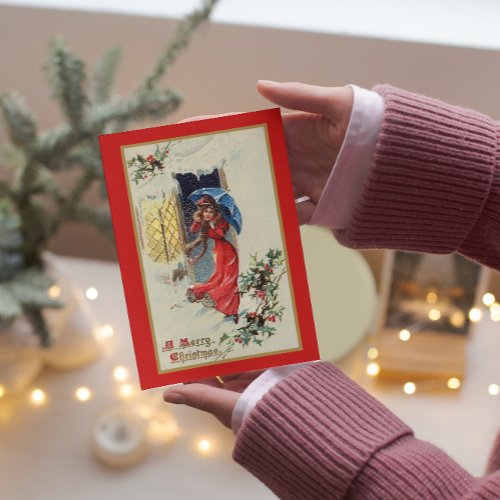 Vintage Victorian Red Lady Blue Umbrella Christmas Holiday Card