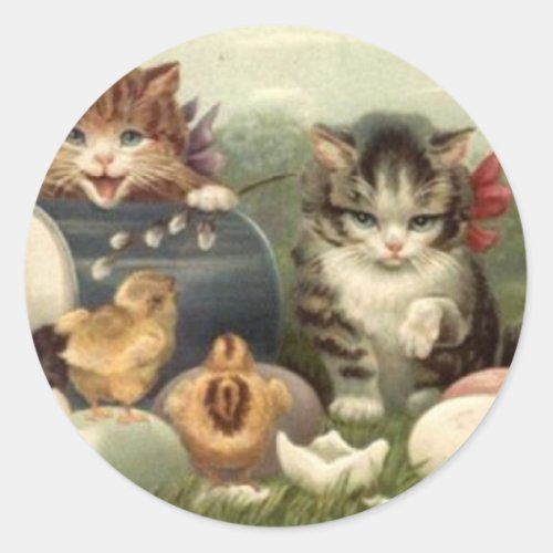 Vintage Victorian Retro Art Cats Kittens Easter Classic Round Sticker