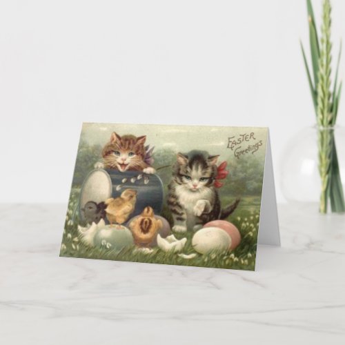 Vintage Victorian Retro Art Cats Kittens Easter Holiday Card