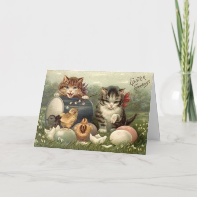 Vintage Victorian Retro Art Cats Kittens Easter Holiday Card (Front)
