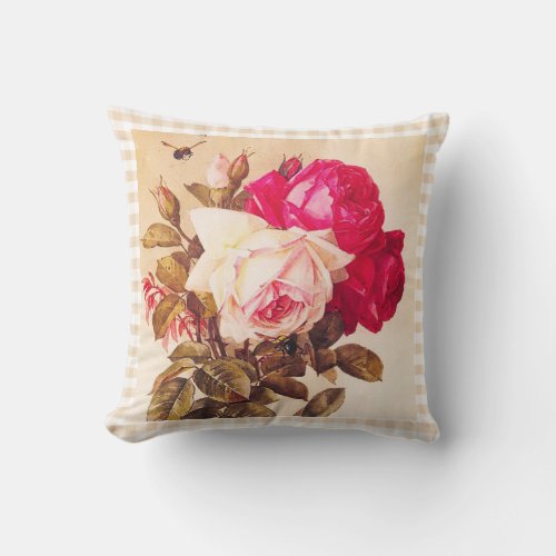 Vintage Victorian Romantic Red and Pink Roses Throw Pillow