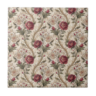 Vintage Victorian Rose & Damask Floral Pattern Art Ceramic Tile