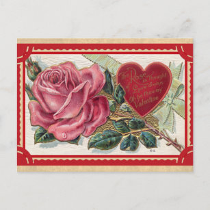 Retro valentine card or postcard with red heart and roses