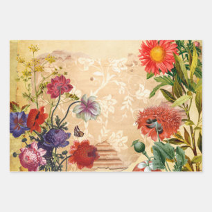 Vintage Victorian Rustic Floral Old Decoupage Wrapping Paper Sheets