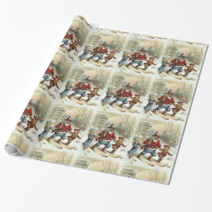 Vintage Victorian Santa Claus & kids snowboarding Wrapping Paper