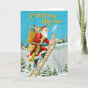Vintage Victorian Santa Claus on Ladder Christmas Holiday Card