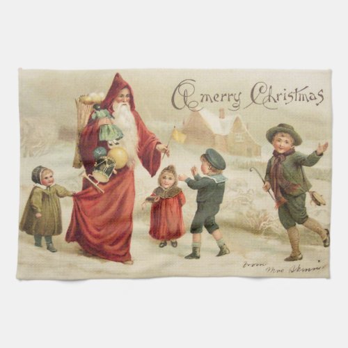 Vintage Victorian Santa Giving Gifts to Children Kitchen Towel
