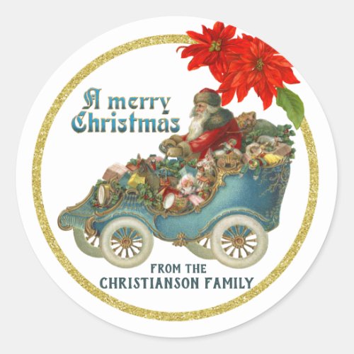 Vintage Victorian Santa in Antique Car Sleigh Classic Round Sticker