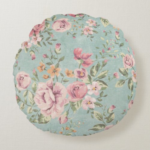 Vintage victorian shabby chic pale blue floral red round pillow