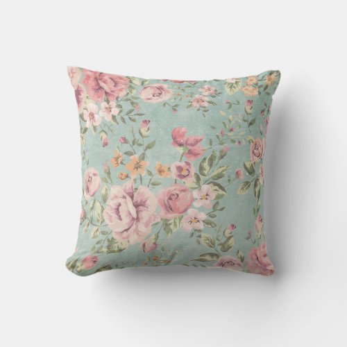 Vintage victorian shabby chic pale blue floral red throw pillow