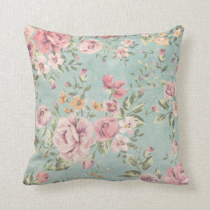 Vintage victorian shabby chic pale blue floral red throw pillow