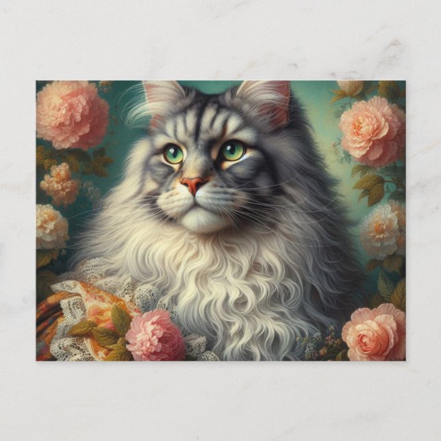 Vintage Victorian Silver Maine Coon Cat  Postcard (Front)