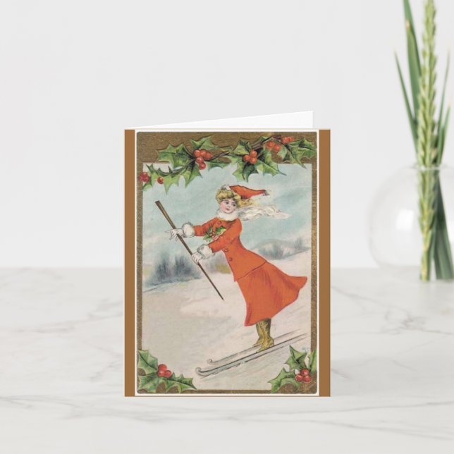 Vintage Victorian skiing Christmas card (Front)