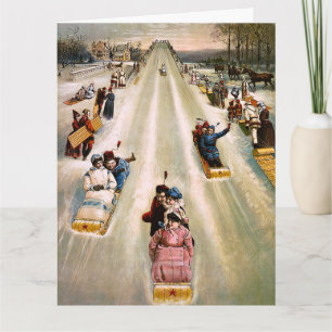 Vintage Victorian Sledding Hill Christmas Holiday Card