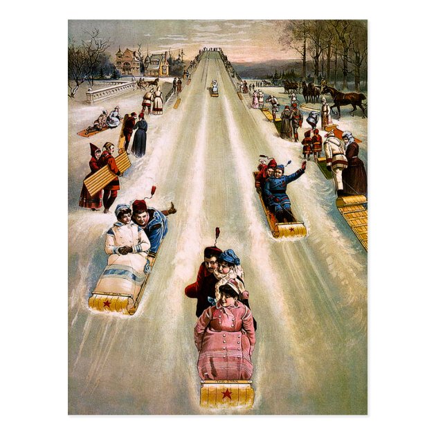 Vintage Victorian Sledding Hill Christmas Postcard