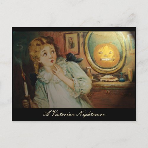 Vintage Victorian Spooked Girl  Pumpkin in Mirror Postcard