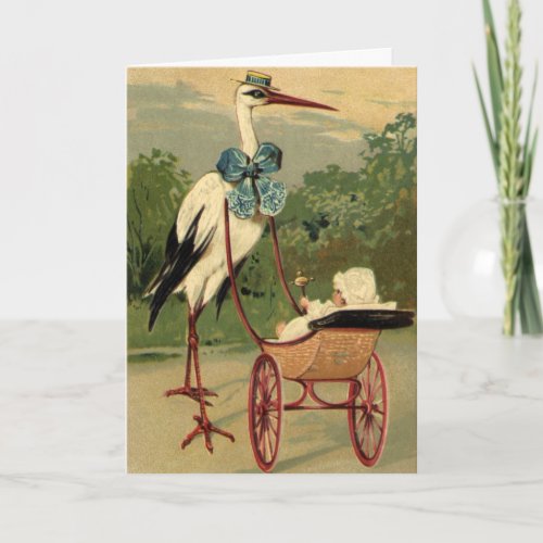 Vintage Victorian Stork and Baby Carriage Card