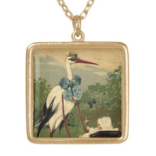 Vintage Victorian Stork and Baby Carriage Gold Plated Necklace