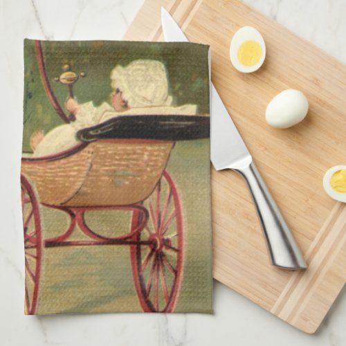 Vintage Victorian Stork and Baby Carriage Kitchen Towel