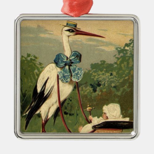 Vintage Victorian Stork and Baby Carriage Metal Ornament