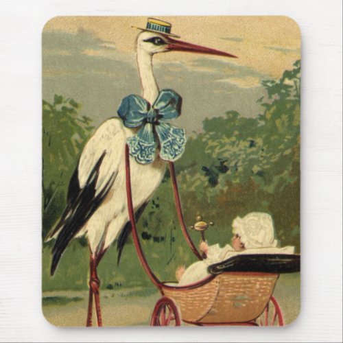 Vintage Victorian Stork and Baby Carriage Mouse Pad