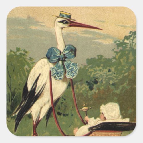 Vintage Victorian Stork and Baby Carriage Square Sticker