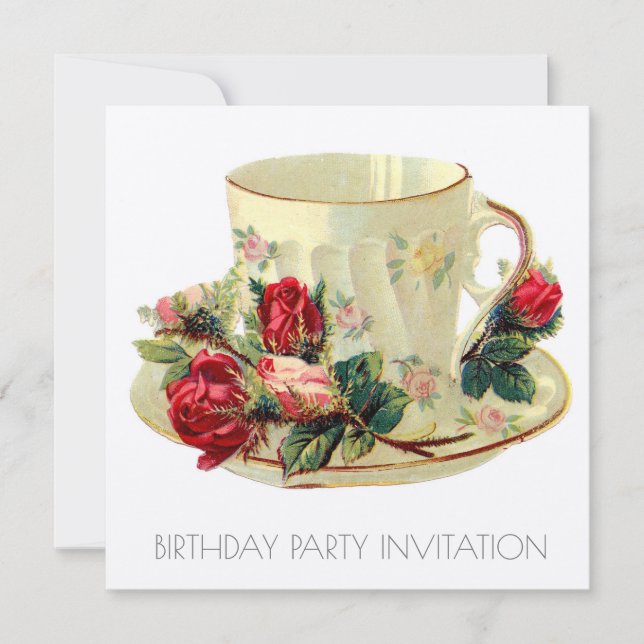 VINTAGE VICTORIAN TEACUP BIRTHDAY INVITATION CARD (Front)