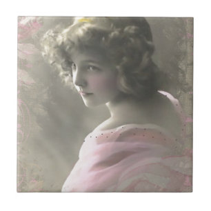Vintage Victorian Teenage Girl in Pink Ceramic Tile