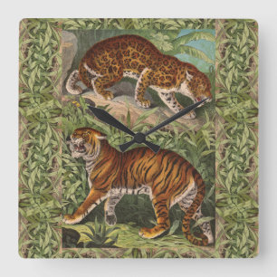Vintage Victorian Tiger and Leopard Square Wall Clock