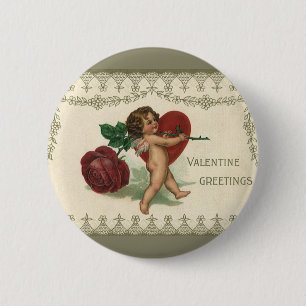 Vintage Victorian Valentine Cherub, Rose and Heart Button