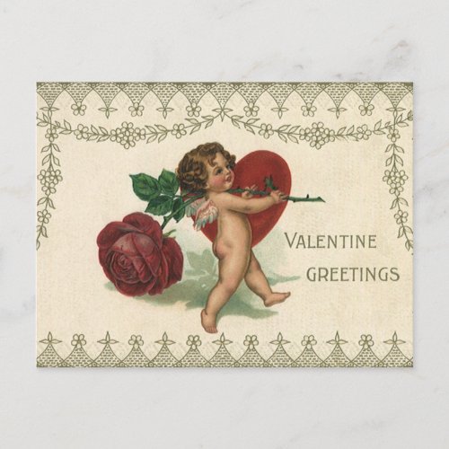 Vintage Victorian Valentine Cherub Rose and Heart Holiday Postcard