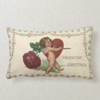 Vintage Victorian Valentine Cherub, Rose and Heart Lumbar Pillow