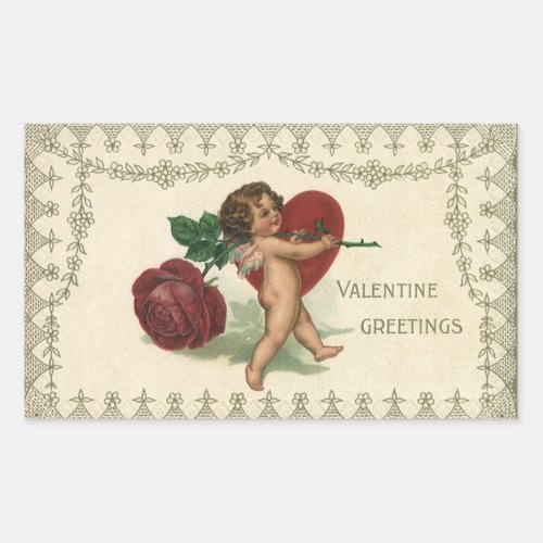 Vintage Victorian Valentine Cherub Rose and Heart Rectangular Sticker