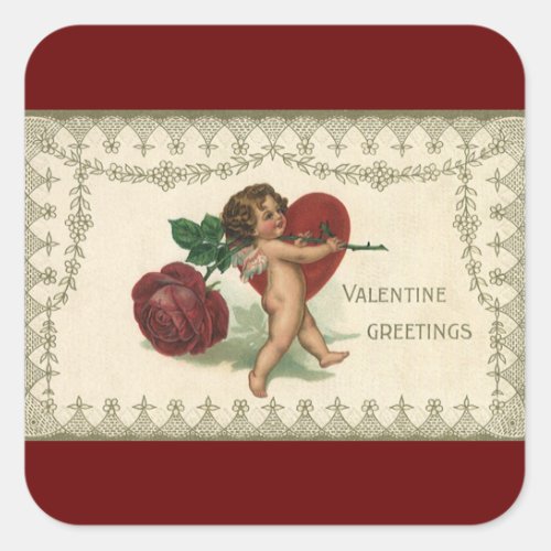 Vintage Victorian Valentine Cherub Rose and Heart Square Sticker