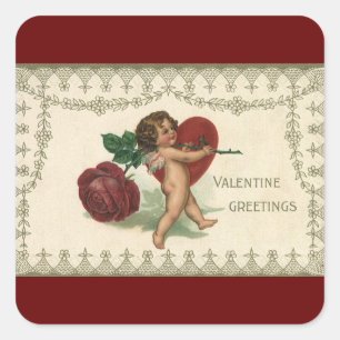 Vintage Victorian Valentine Cherub, Rose and Heart Square Sticker