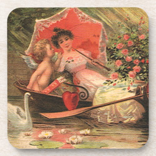 Vintage Victorian Valentine Day Cherub with Hearts Beverage Coaster
