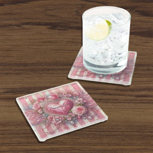 Vintage Victorian Valentine Floral Heart Glass Coaster