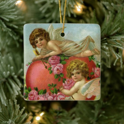 Vintage Victorian Valentines Day Angels Heart Rose Ceramic Ornament