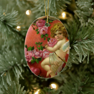 Vintage Victorian Valentines Day Angels Heart Rose Ceramic Ornament
