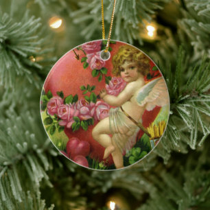 Vintage Victorian Valentines Day Angels Heart Rose Ceramic Ornament