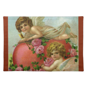 Vintage Victorian Valentines Day Angels Heart Rose Cloth Placemat