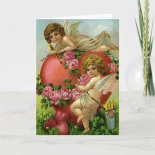 Vintage Victorian Valentines Day Angels Heart Rose Holiday Card