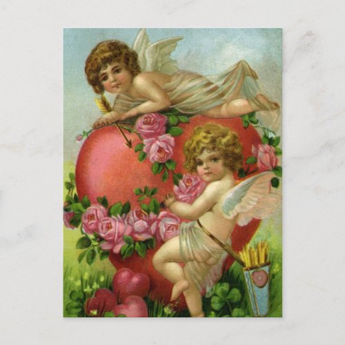 Vintage Victorian Valentines Day Angels Heart Rose Holiday Postcard