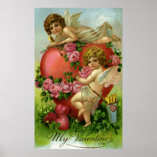 Vintage Victorian Valentines Day Angels Heart Rose Poster