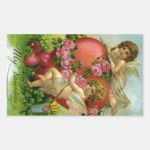 Vintage Victorian Valentines Day Angels Heart Rose Rectangular Sticker